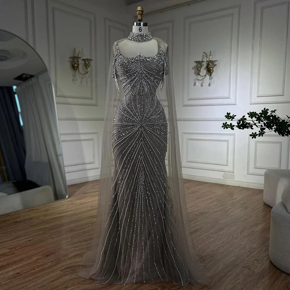 Luxury Tassel Champagne Mermaid Evening Dress with Cape LA72587 - SERENE HILL