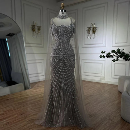 Luxury Tassel Champagne Mermaid Evening Dress with Cape LA72587 - SERENE HILL