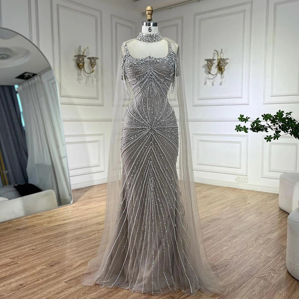 Luxury Tassel Champagne Mermaid Evening Dress with Cape LA72587 - SERENE HILL