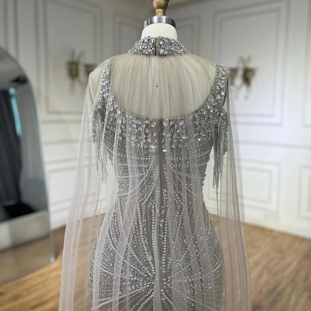 Luxury Tassel Champagne Mermaid Evening Dress with Cape LA72587 - SERENE HILL