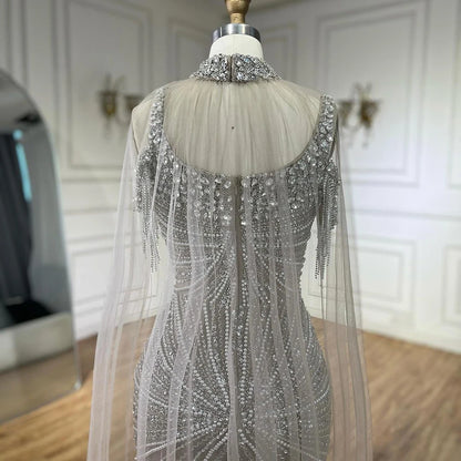 Luxury Tassel Champagne Mermaid Evening Dress with Cape LA72587 - SERENE HILL