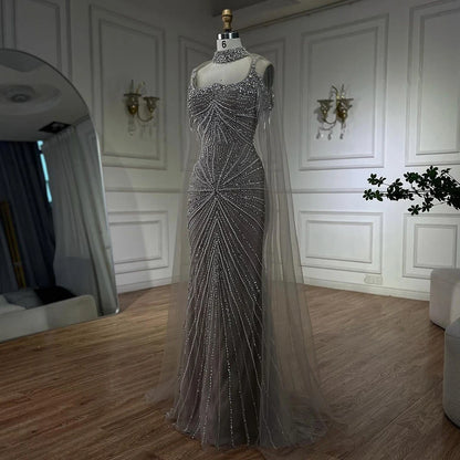 Luxury Tassel Champagne Mermaid Evening Dress with Cape LA72587 - SERENE HILL