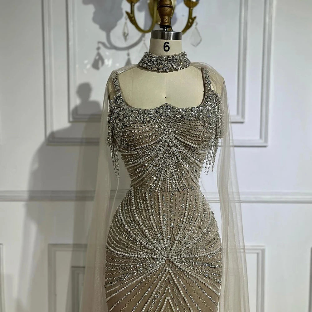 Luxury Tassel Champagne Mermaid Evening Dress with Cape LA72587 - SERENE HILL