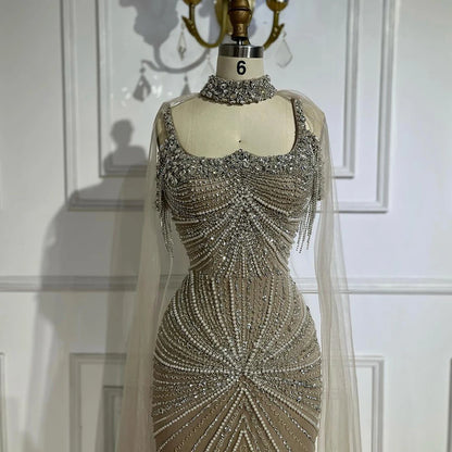 Luxury Tassel Champagne Mermaid Evening Dress with Cape LA72587 - SERENE HILL
