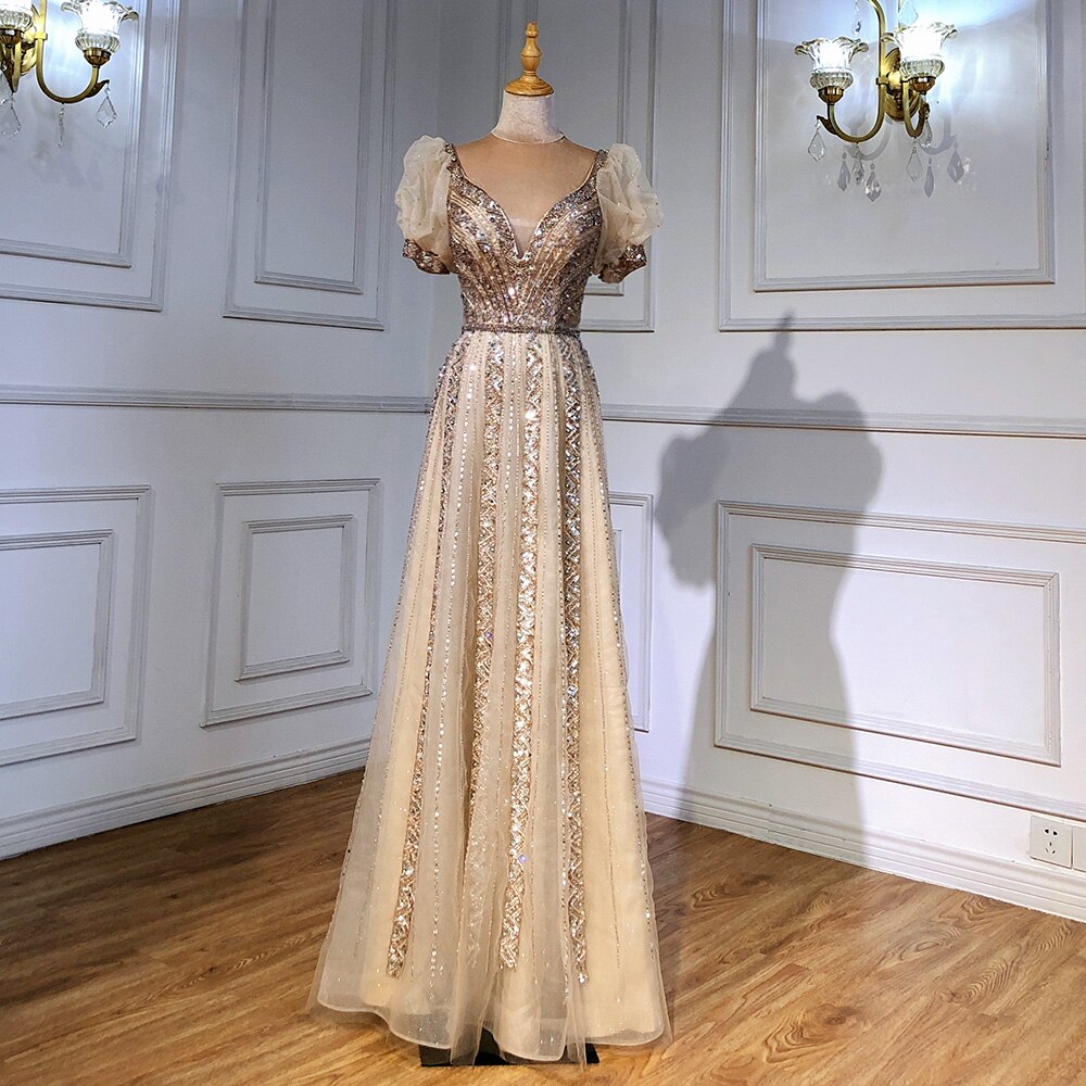 Serene Hill Taupe Luxury Short Sleeves Evening Dresses Gowns 2025 Beaded A-Line For Women WeddingParty LA71551 - SERENE HILL