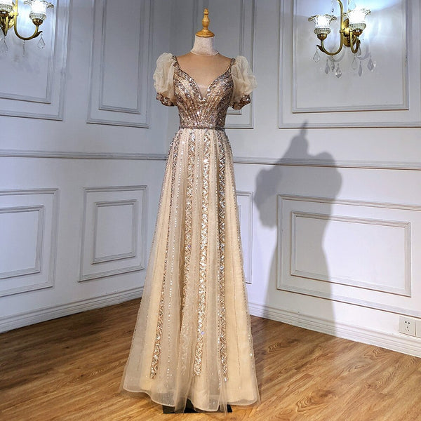 Serene Hill Taupe Luxury Short Sleeves Evening Dresses Gowns 2025 Beaded A-Line For Women WeddingParty LA71551