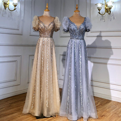 Serene Hill Taupe Luxury Short Sleeves Evening Dresses Gowns 2025 Beaded A-Line For Women WeddingParty LA71551 - SERENE HILL