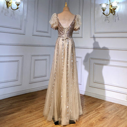 Serene Hill Taupe Luxury Short Sleeves Evening Dresses Gowns 2025 Beaded A-Line For Women WeddingParty LA71551 - SERENE HILL