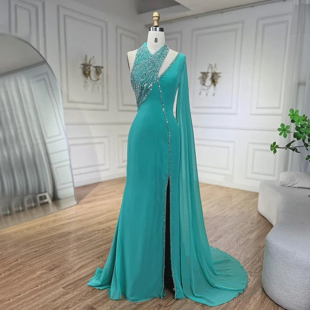 Turquoise Green Chiffon Dubai Evening Dress with Cape Sleeves LA72101 - SERENE HILL