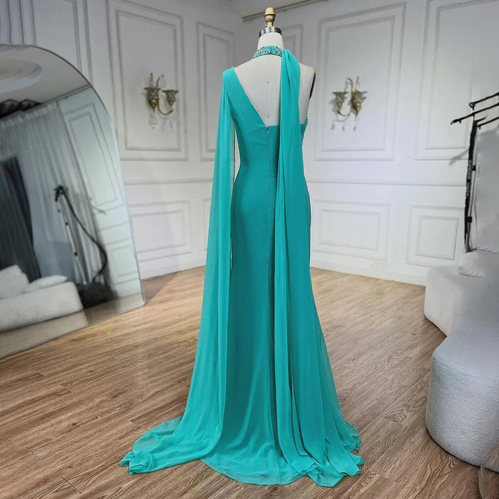 Turquoise Green Chiffon Dubai Evening Dress with Cape Sleeves LA72101 - SERENE HILL