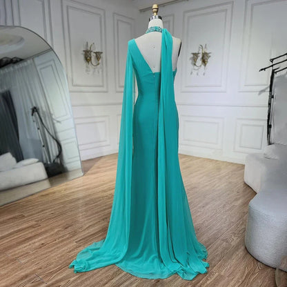 Turquoise Green Chiffon Dubai Evening Dress with Cape Sleeves LA72101 - SERENE HILL