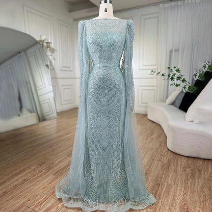 Serene Hill Turquoise Cape Sleeves Luxury Beaded Mermaid Arabic Evening Dresses Gowns For Women Wedding Party 2025 LA72185 - SERENE HILL