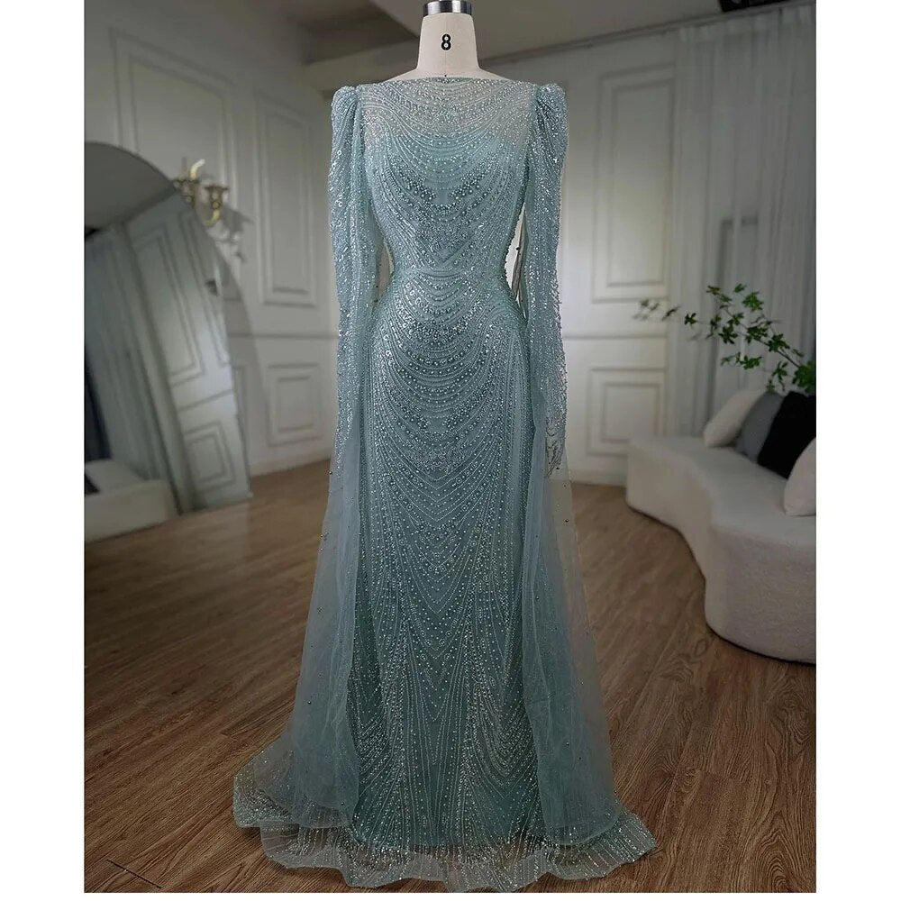 Serene Hill Turquoise Cape Sleeves Luxury Beaded Mermaid Arabic Evening Dresses Gowns For Women Wedding Party 2025 LA72185 - SERENE HILL