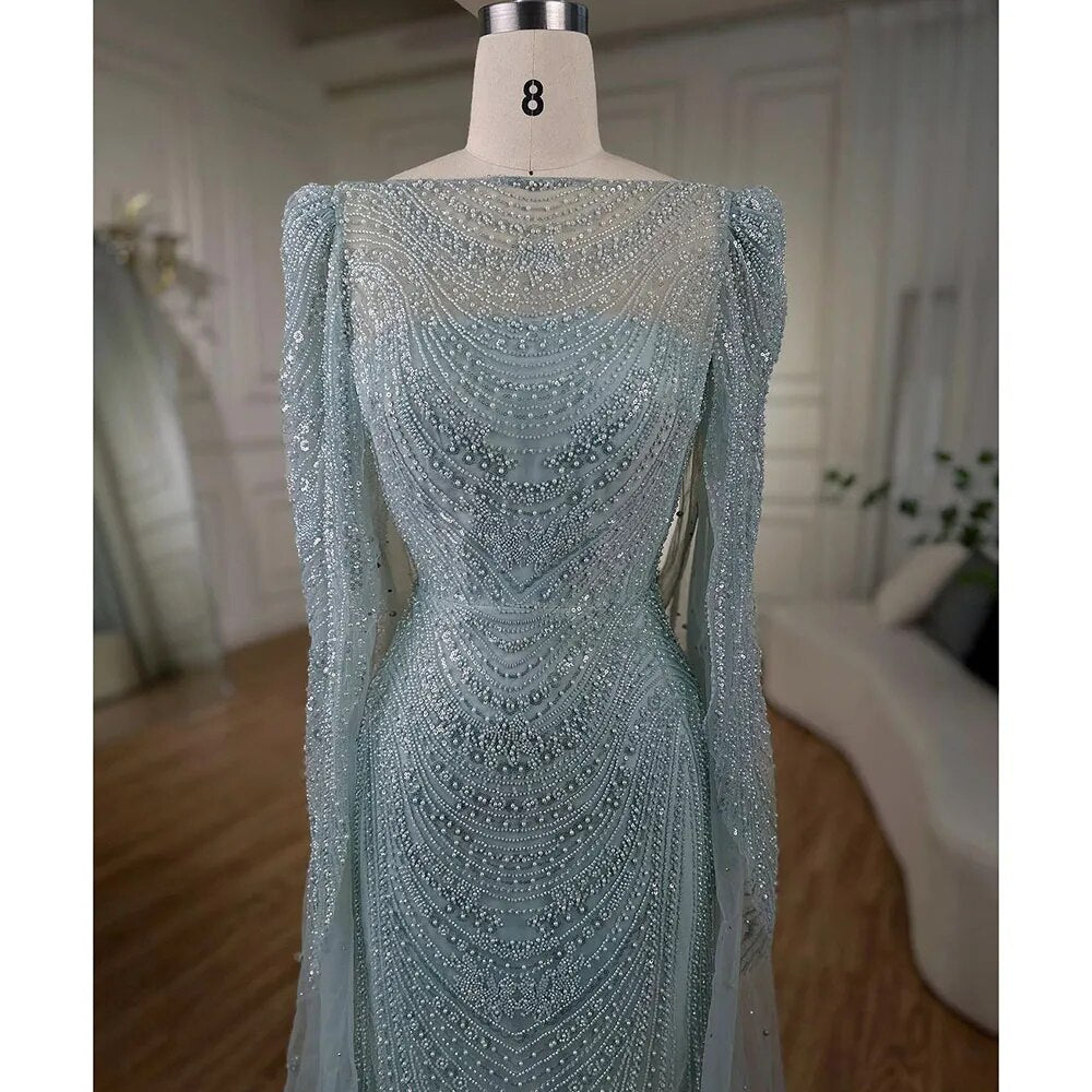 Serene Hill Turquoise Cape Sleeves Luxury Beaded Mermaid Arabic Evening Dresses Gowns For Women Wedding Party 2025 LA72185 - SERENE HILL