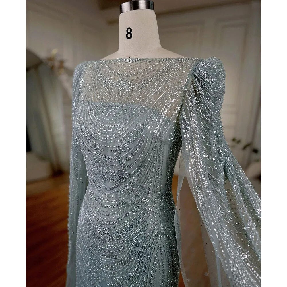 Serene Hill Turquoise Cape Sleeves Luxury Beaded Mermaid Arabic Evening Dresses Gowns For Women Wedding Party 2025 LA72185 - SERENE HILL