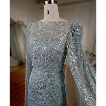 Serene Hill Turquoise Cape Sleeves Luxury Beaded Mermaid Arabic Evening Dresses Gowns For Women Wedding Party 2025 LA72185 - SERENE HILL