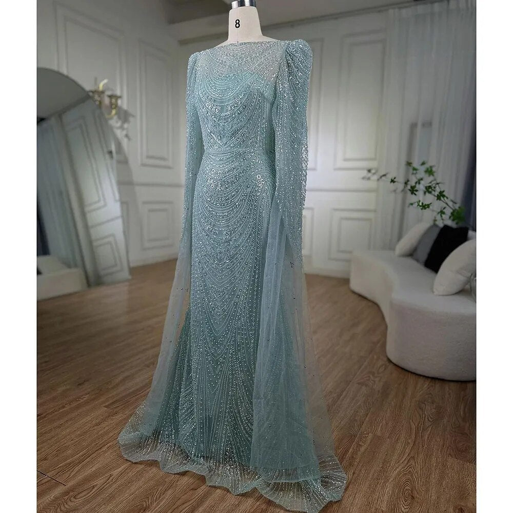 Serene Hill Turquoise Cape Sleeves Luxury Beaded Mermaid Arabic Evening Dresses Gowns For Women Wedding Party 2025 LA72185 - SERENE HILL