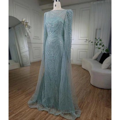 Serene Hill Turquoise Cape Sleeves Luxury Beaded Mermaid Arabic Evening Dresses Gowns For Women Wedding Party 2025 LA72185 - SERENE HILL