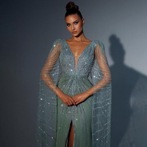 Serene Hill Turquoise Cape Sleeves Luxury Highd Mermaid High Split Dresses for Women Wedding Party Virts 2025 LA72089