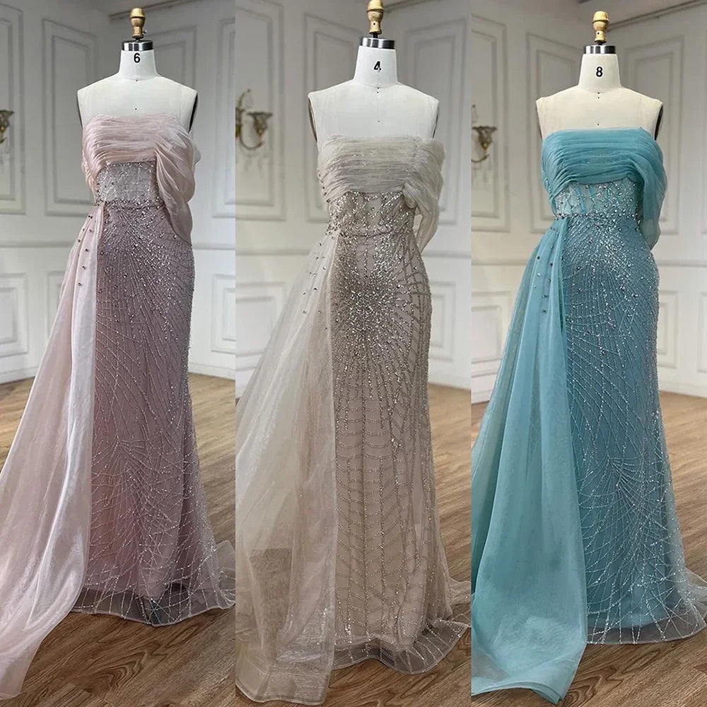 Serene Hill Turquoise Luxury Evening Dress Side Train Pearls One Shoulder for Women&