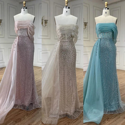 Serene Hill Turquoise Luxury Evening Dress Side Train Pearls One Shoulder for Women&