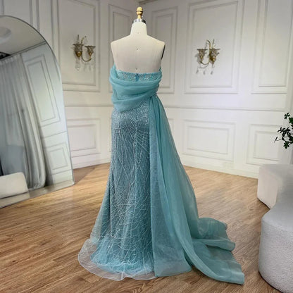 Serene Hill Turquoise Luxury Evening Dress Side Train Pearls One Shoulder for Women&