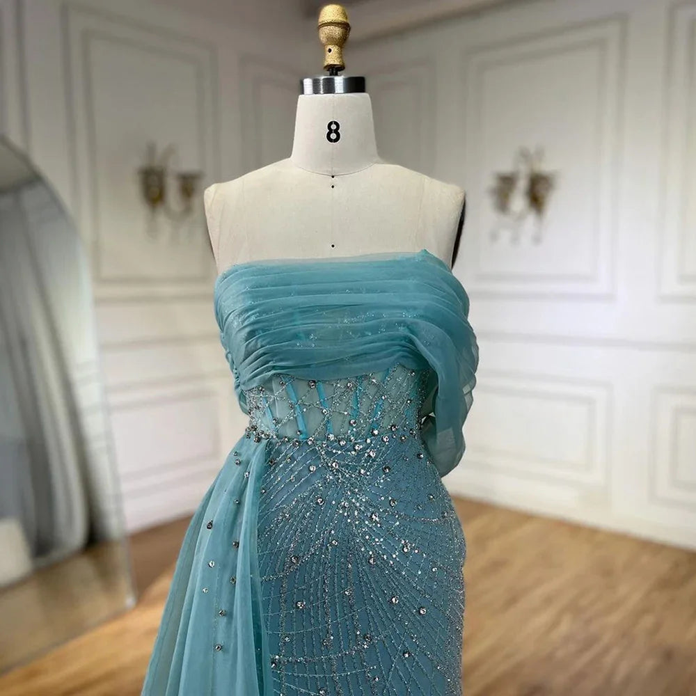 Serene Hill Turquoise Luxury Evening Dress Side Train Pearls One Shoulder for Women&