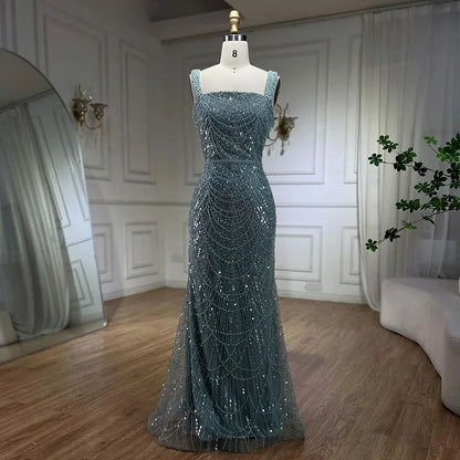 Serene Hill Turquoise Mermaid Beaded Pearls Spaghetti Straps and Floor Length Evening Gown Party Dress for Women 2025 LA72032C - SERENE HILL