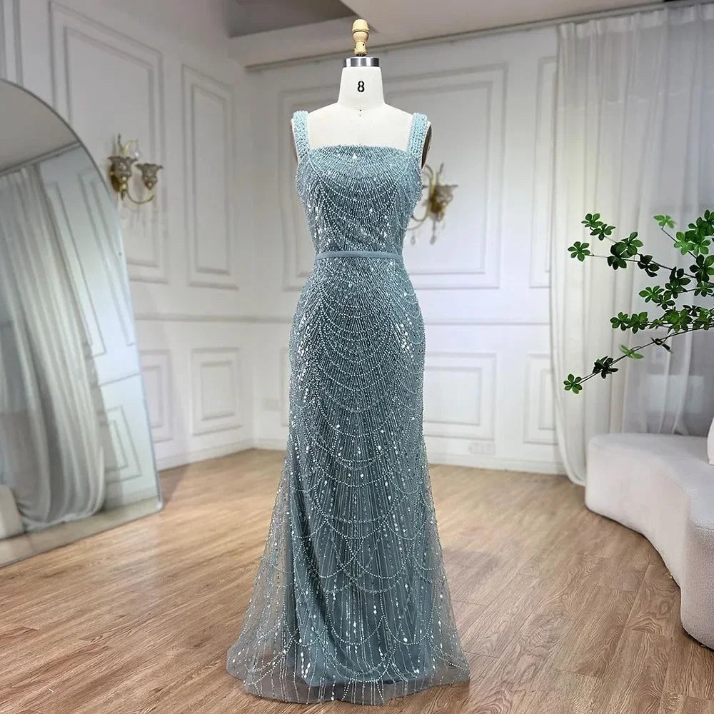 Serene Hill Turquoise Mermaid Beaded Pearls Spaghetti Straps and Floor Length Evening Gown Party Dress for Women 2025 LA72032C - SERENE HILL