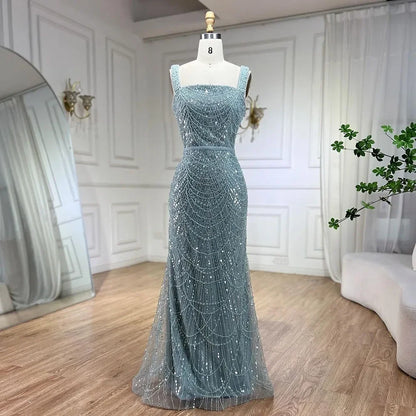 Serene Hill Turquoise Mermaid Beaded Pearls Spaghetti Straps and Floor Length Evening Gown Party Dress for Women 2025 LA72032C - SERENE HILL