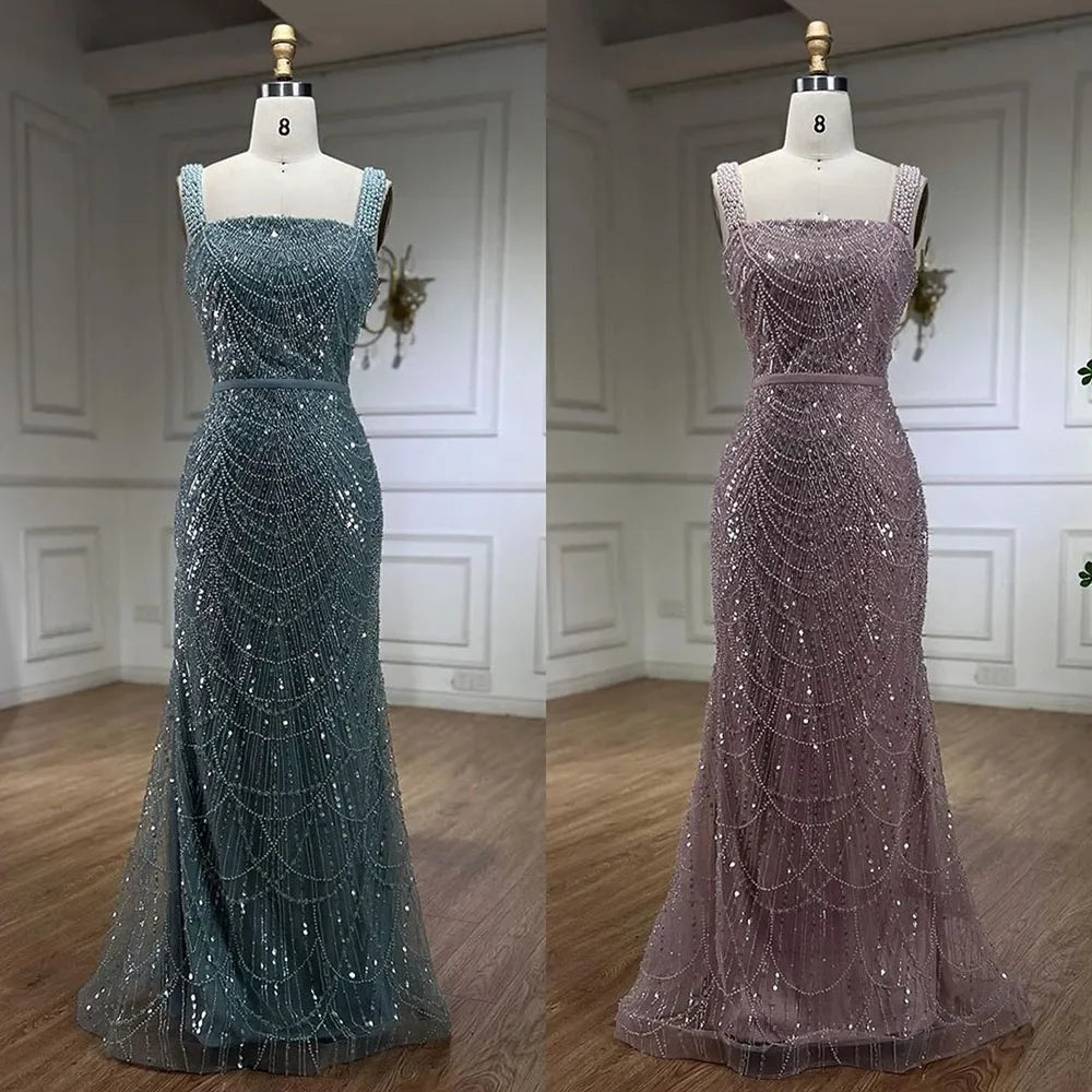 Serene Hill Turquoise Mermaid Beaded Pearls Spaghetti Straps and Floor Length Evening Gown Party Dress for Women 2025 LA72032C - SERENE HILL
