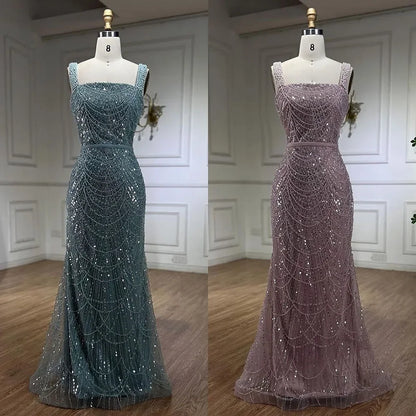 Serene Hill Turquoise Mermaid Beaded Pearls Spaghetti Straps and Floor Length Evening Gown Party Dress for Women 2025 LA72032C - SERENE HILL