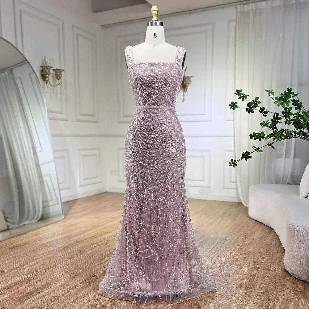Serene Hill Turquoise Mermaid Beaded Pearls Spaghetti Straps and Floor Length Evening Gown Party Dress for Women 2025 LA72032C - SERENE HILL