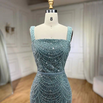 Serene Hill Turquoise Mermaid Beaded Pearls Spaghetti Straps and Floor Length Evening Gown Party Dress for Women 2025 LA72032C - SERENE HILL