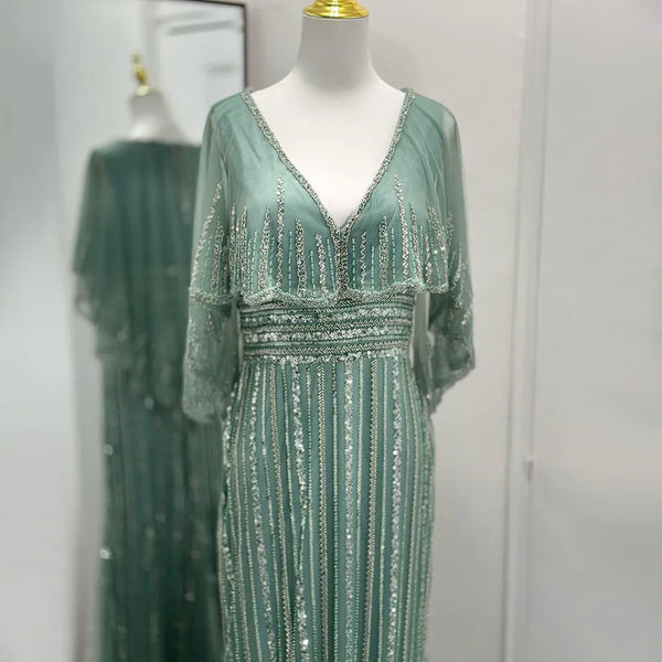 Serene Hill Turquoise Mermaid Elegant Long Cape Beaded Luxury Dubai Evening Dresses Gowns For Women Wedding Party 2025 LA72258