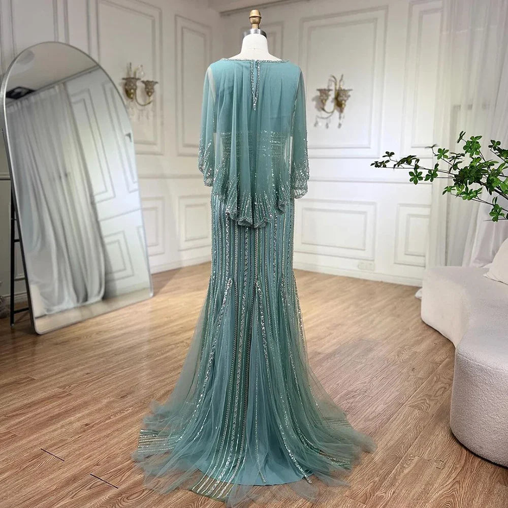 Luxury Turquoise Mermaid Evening Dress with Long Cape LA72258 Turquoise / 10 Luxury Turquoise Mermaid Evening Dress with Long Cape LA72258 Turquoise / 10