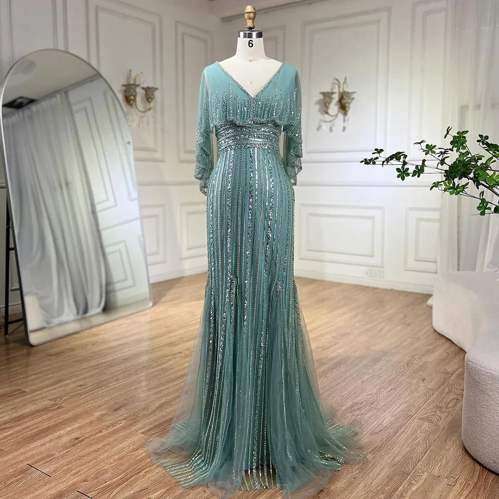 Luxury Turquoise Mermaid Evening Dress with Long Cape LA72258 Turquoise / 10