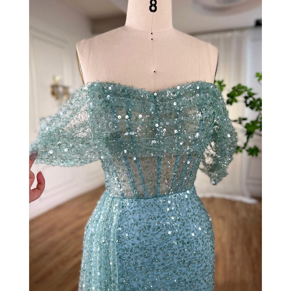 Serene Hill Turquoise Mermaid Elegant Overskirt Evening Dresses Gowns 2025 Beaded For Women Wedding Party 2025 LA71945 - SERENE HILL