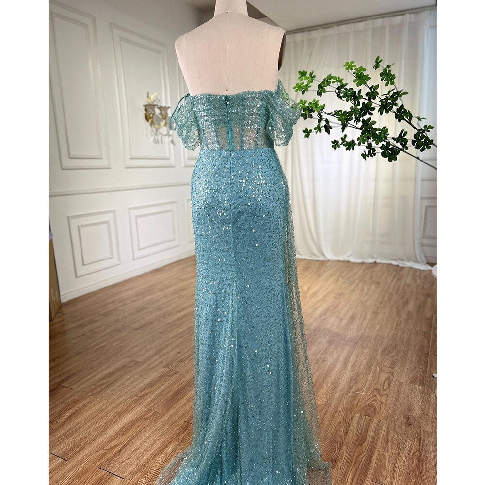 Serene Hill Turquoise Mermaid Elegant Overskirt Evening Dresses Gowns 2025 Beaded For Women Wedding Party 2025 LA71945 - SERENE HILL