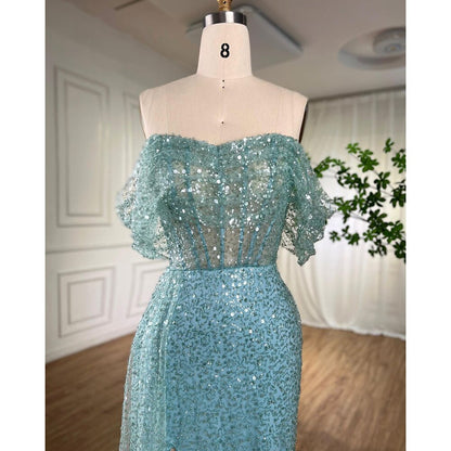 Serene Hill Turquoise Mermaid Elegant Overskirt Evening Dresses Gowns 2025 Beaded For Women Wedding Party 2025 LA71945 - SERENE HILL
