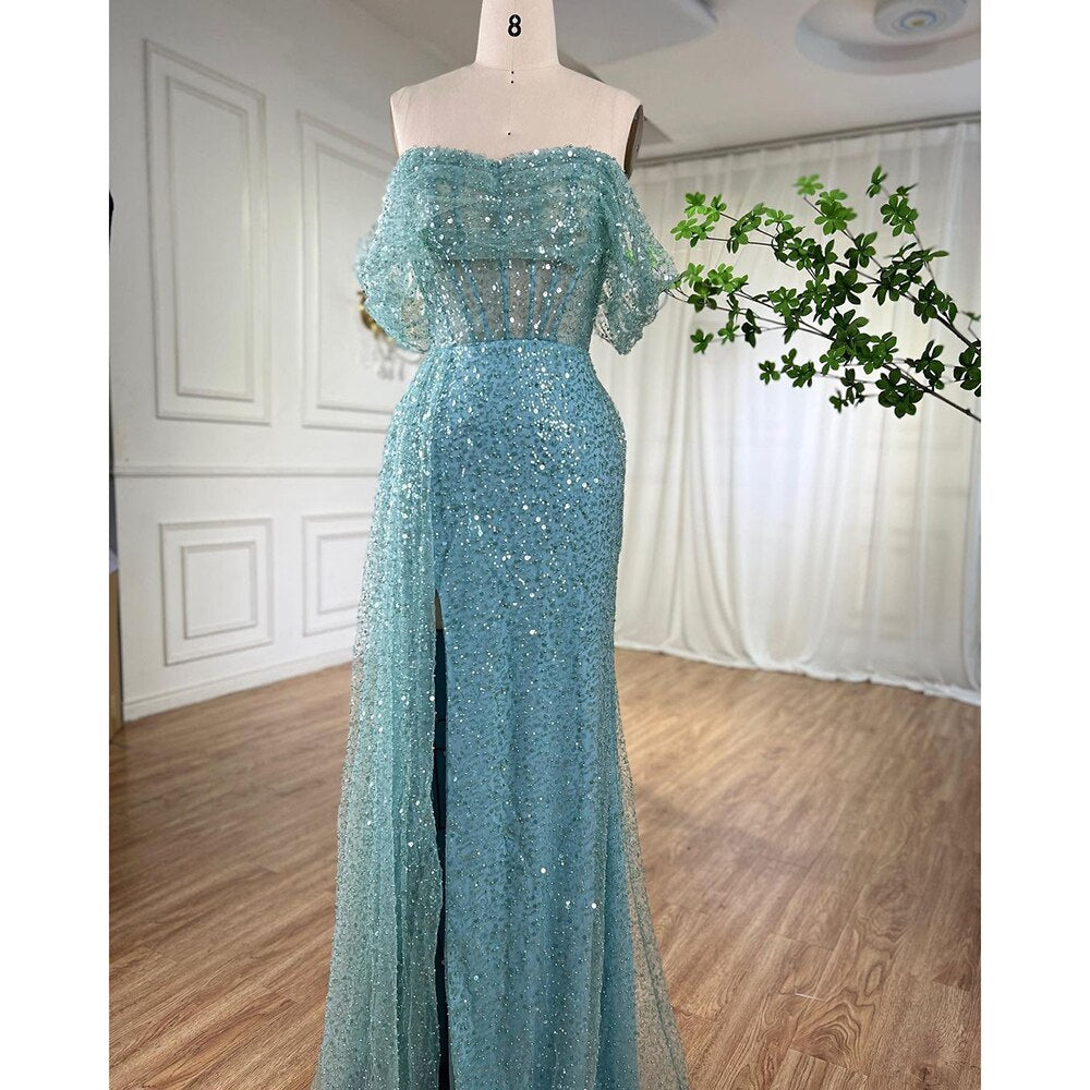 Serene Hill Turquoise Mermaid Elegant Overskirt Evening Dresses Gowns 2025 Beaded For Women Wedding Party 2025 LA71945 - SERENE HILL