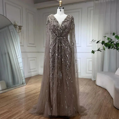 Luxury Designer Turquoise Mermaid Beaded Evening Dress with Cape LA72168A - SERENE HILL