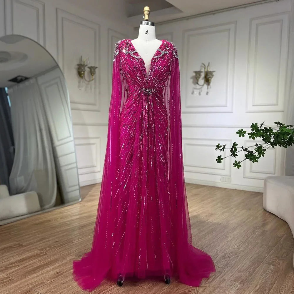 Luxury Designer Turquoise Mermaid Beaded Evening Dress with Cape LA72168A - SERENE HILL