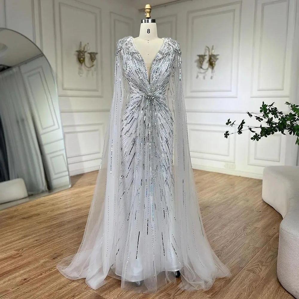 Luxury Designer Turquoise Mermaid Beaded Evening Dress with Cape LA72168A - SERENE HILL