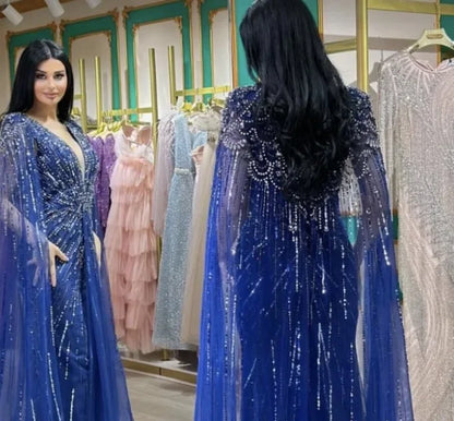 Luxury Designer Turquoise Mermaid Beaded Evening Dress with Cape LA72168A - SERENE HILL