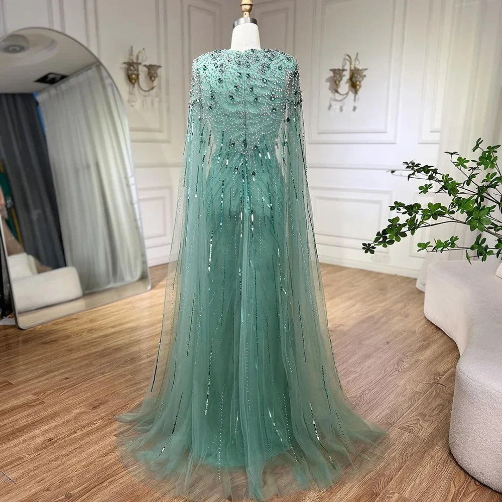 Luxury Designer Turquoise Mermaid Beaded Evening Dress with Cape LA72168A Gold / 16 Luxury Designer Turquoise Mermaid Beaded Evening Dress with Cape LA72168A Gold / 16