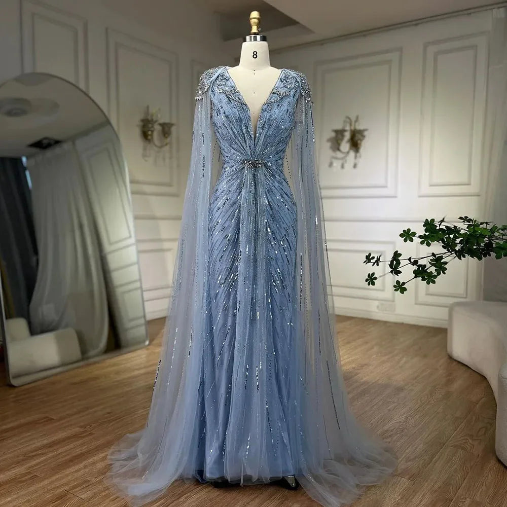 Luxury Designer Turquoise Mermaid Beaded Evening Dress with Cape LA72168A - SERENE HILL