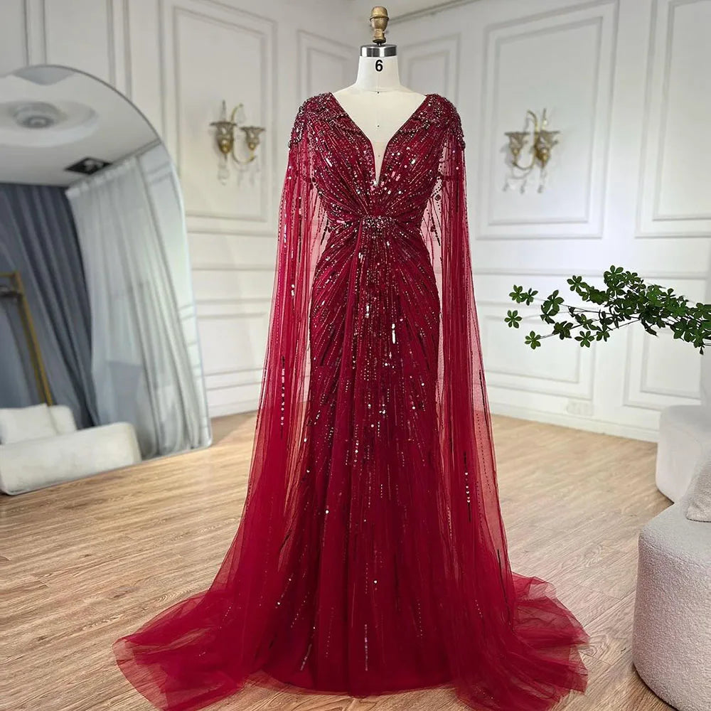Luxury Designer Turquoise Mermaid Beaded Evening Dress with Cape LA72168A - SERENE HILL