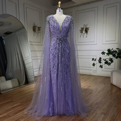 Luxury Designer Turquoise Mermaid Beaded Evening Dress with Cape LA72168A - SERENE HILL