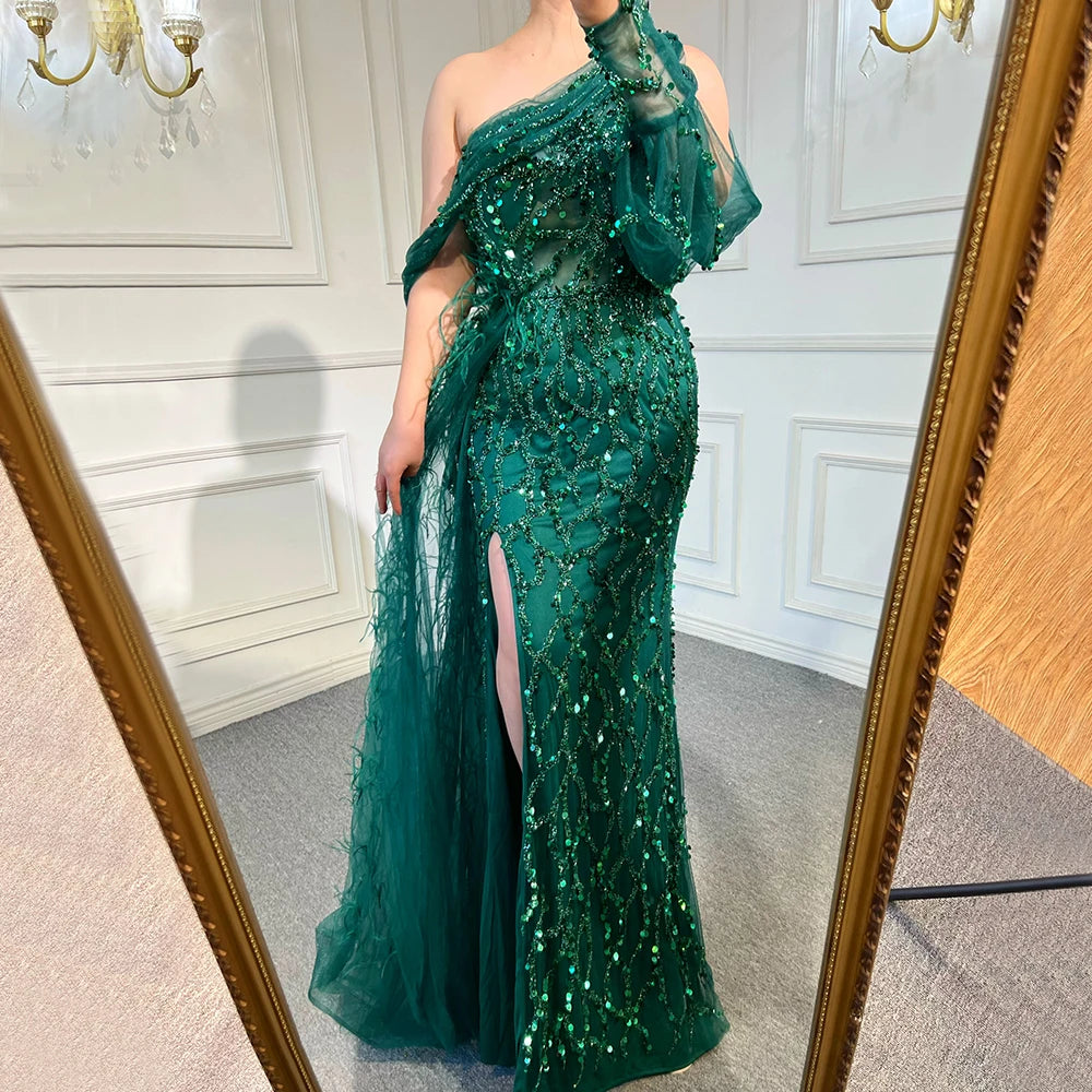 Luxury Dubai Turquoise Mermaid Overskirt Evening Dresses Gowns Luxury Beaded Elegant For Women Party LA71466 - SERENE HILL